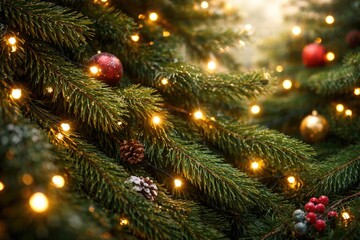 Fototapeta premium Christmas themed pine needle texture with illuminated lights and subtle daylight effect