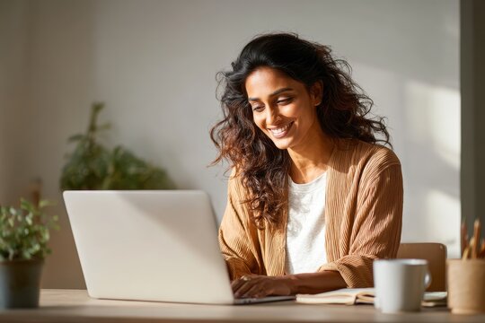 Casual business attire and warm lighting as a woman engages in a remote interview via video chat