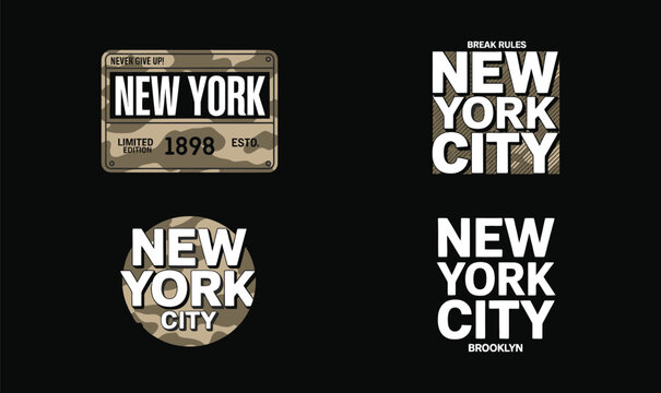 New York City Vintage Urban Typography and Retro Camouflage Badge Design Collection for Apparel