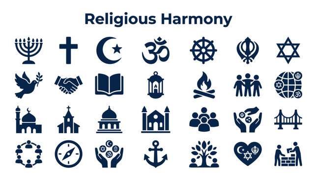 Diverse religious symbols and icons representing harmony unity and understanding between different faiths and cultures