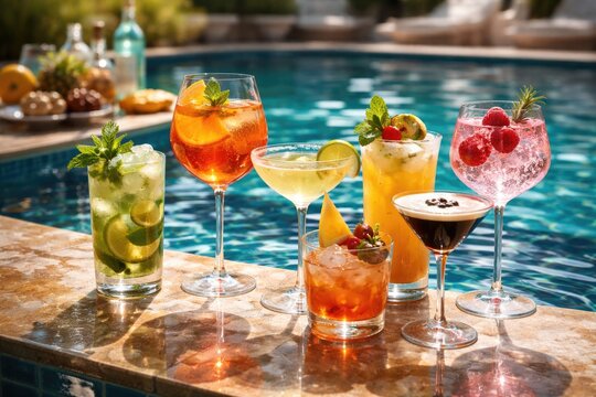 Sophisticated poolside cocktail selection with dynamic reflections