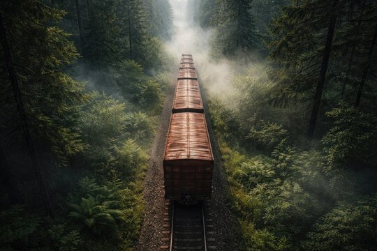 Top down image of a freight railcar passing through a mist shrouded forest scene in summer