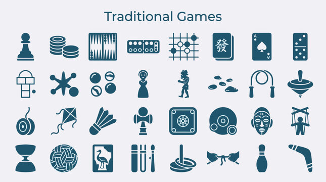 Collection of Traditional Games and Toys Icons Representing Childhood Fun and Pastimes