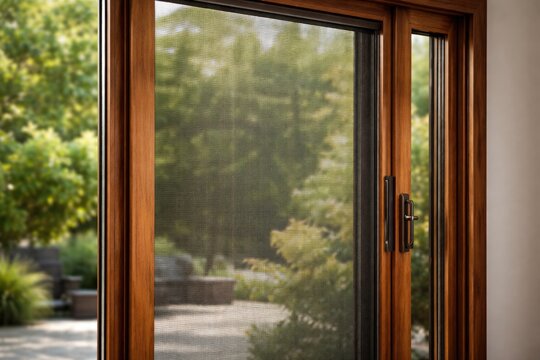 Mosquito wire screen integrated within a sleek wooden door frame