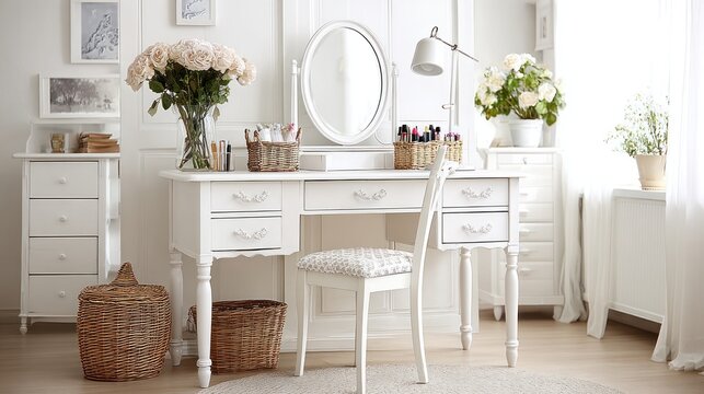 Elegant white vanity desk with chair and floral arrangements in bright room