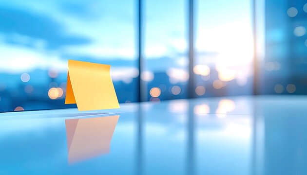 A single golden sticky note stands on a reflective surface, with a blurred cityscape and bokeh lights in the background, representing reminders and ideas