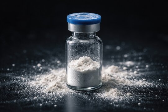 Medical vial containing lyophilized powder surrounded by scattered powder on dark backdrop