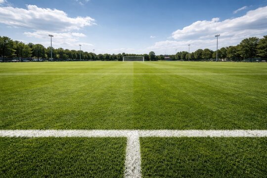 Wide angle view of a green soccer field captured from the end line