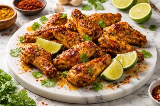 Culinary presentation of chicken wings marinated in saffron lime and spices on marble surface
