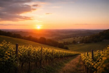 Fototapeta premium Out of focus sunset view across vineyard hills including copy space