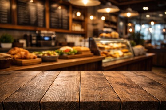 Close up of wooden table with blurred cafe interior showcasing product selection