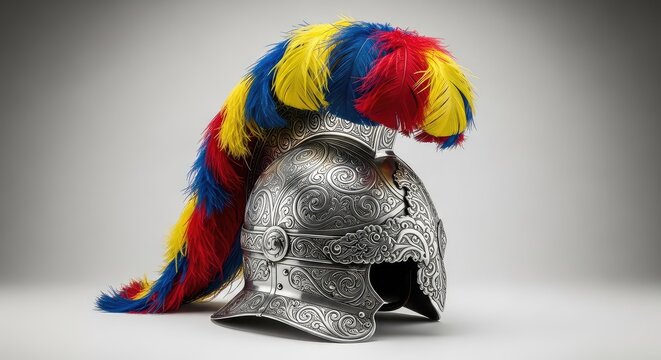 A detailed portrait of a vintage steel morion helmet featuring a vibrant plume, showcasing intricate metalwork and historical armor details, historical, armor, traditional