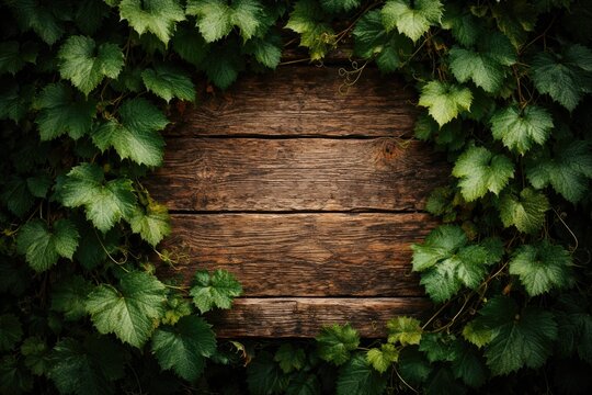 Arrangement of dense vine leaves on a rustic wooden display board