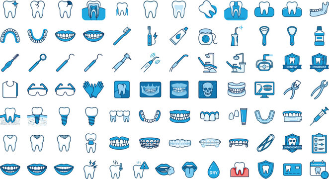 Dental care and oral hygiene icons with teeth and instruments x ray instruments toothbrush toothpaste mouthwash dentures implants cleaning extraction appointment