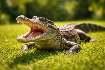 Fototapeta premium Playful pet crocodilian with mouth wide open on bright green lawn full length summer