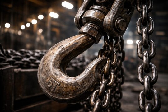Macro shot showing strength of lifting hooks on metal chains used in a metallurgical manufacturing workshop