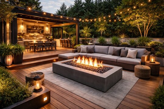 Upgraded modern deck with open plan and sizable gas fire pit centerpiece