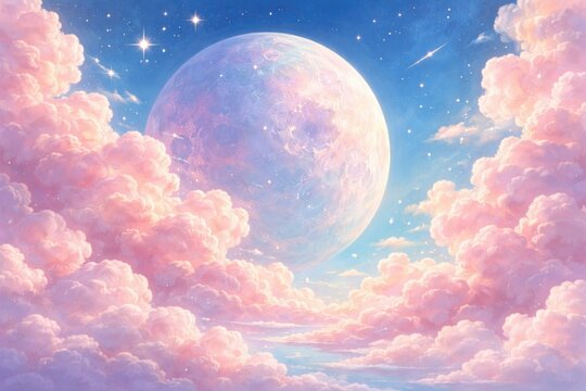 Whimsical artwork featuring an enormous planet moon and dreamy pink clouds set on a rich blue sky for a children storybook