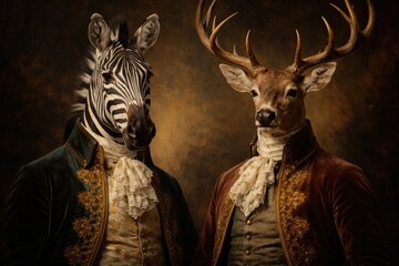 Naklejka premium Antique style animal portrait with a zebra and deer in traditional vintage clothing
