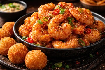 Fototapeta premium Sharp focus on zesty dynamite shrimp served with warm cheese balls