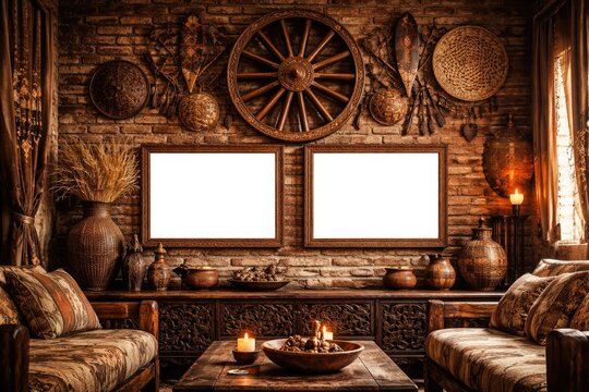 African traditional ethnic interior with wooden wheel art and two empty frames on brick wall