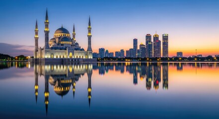 Obraz premium A majestic traditional mosque with white domes reflects in still water at dawn, set against a glowing modern metropolis city skyline view, tourism, building, design