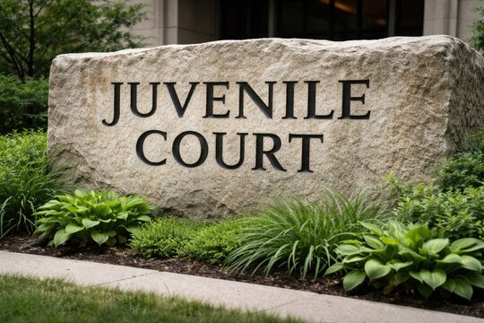 Rough stone slab engraved with juvenile court entrance words and ground-level greenery