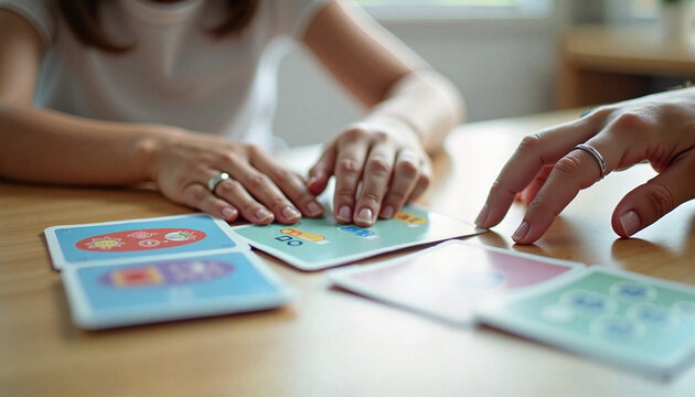 Therapist assisting child with autism spectrum disorder using educational cards during therapy