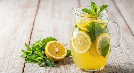 Fototapeta premium A refreshing glass jug filled with cold lemonade, featuring bright yellow lemon slices and green mint leaves on a rustic wooden table surface, liquid, hydration, sprig