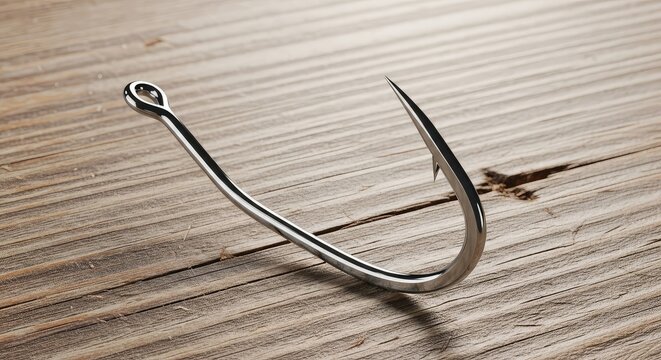 A sharp metallic fishing hook sits on a weathered wooden surface, showcasing its curved steel point and barbed end for angling and sports, sport, supplies, chrome