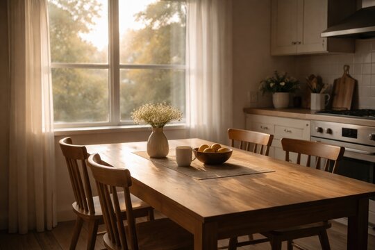 Sun filtered through kitchen window highlighting empty wooden dining table