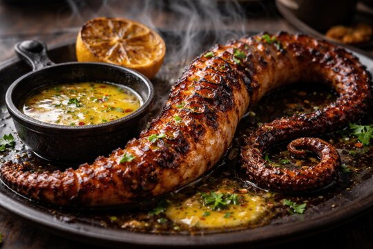 Smoky grilled octopus leg accompanied by lemon butter sauce