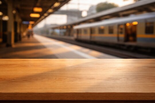 Smooth wooden panel foreground with gentle shadow and blurred train station platform ideal for copy space