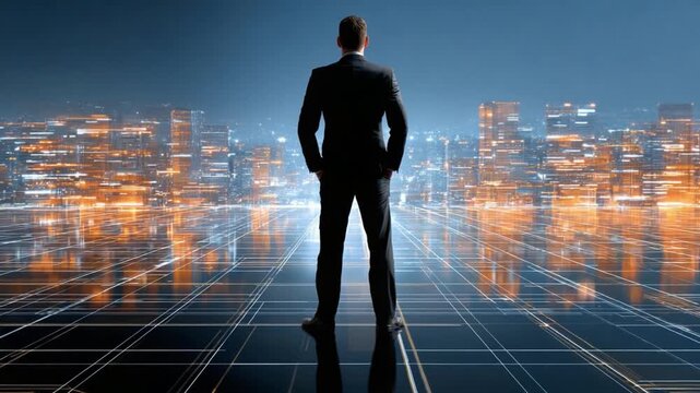 Visionary Leader Contemplating the Future: A distinguished businessperson, his silhouette poised against a dynamic cityscape at dusk, embodying leadership, foresight, and ambition.