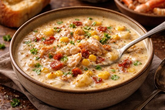 Savory creamy chowder packed with crab meat and sweet corn