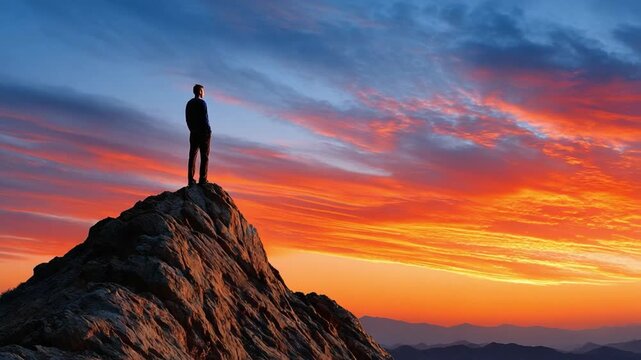 Solitude on the Summit: Silhouette of a person stands atop a mountain peak, gazing at a breathtaking sunset, symbolizing triumph, self-reflection, and the pursuit of dreams.