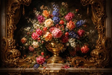 Obraz premium Still life of vivid flowers highlighted by luxurious golden rococo baroque decorations