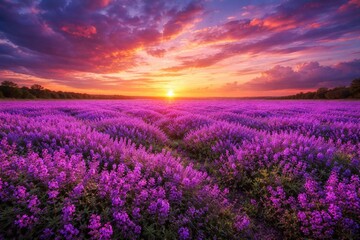 Fototapeta premium Vibrant purple flower carpet beneath a brilliant sunset sky offering a tranquil nature backdrop