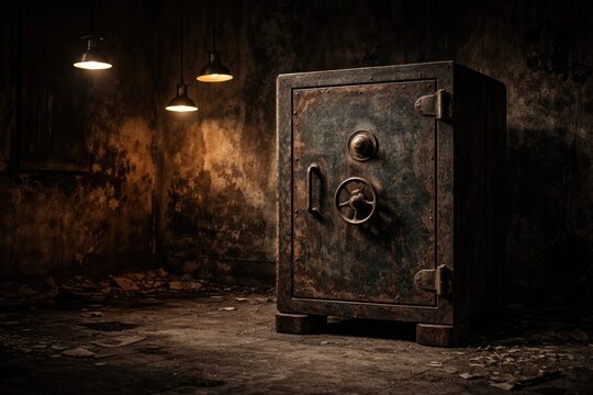 Weathered iron safe in a poorly lit forsaken room with textured surfaces and hanging lights with copy space