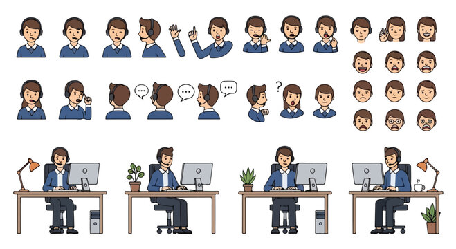 Customer service representative character set, call center agent with headset vector, technical support worker icons and office desk scenes