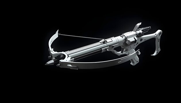   
Futuristic 3D crossbow with sleek metallic silver design and curved limbs highlighted against dark background for digital artwork