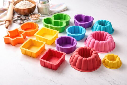 Rainbow silicone cake baking molds organized on smooth white surface with copy space