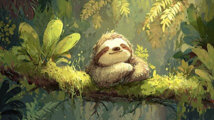 Fototapeta premium Calm lazy sloth lounging in a tropical canopy with soft watercolor textures