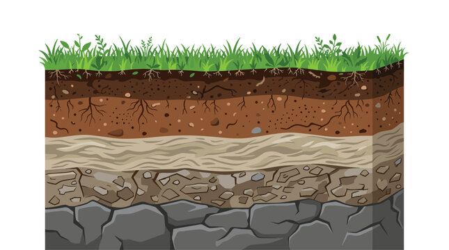 A detailed cross-section illustration of the earth crust showing organic topsoil layers with grass transitioning down into deep rocky strata and bedrock with mineral veins.