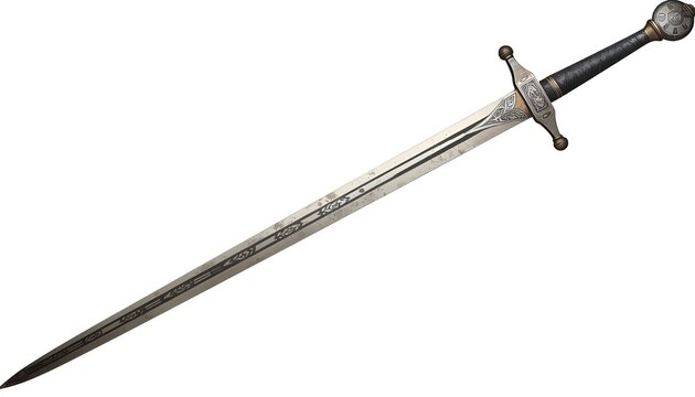   
Futuristic 3D medieval sword illustration with geometric steel blade and rounded pommel for stylish digital creative assets