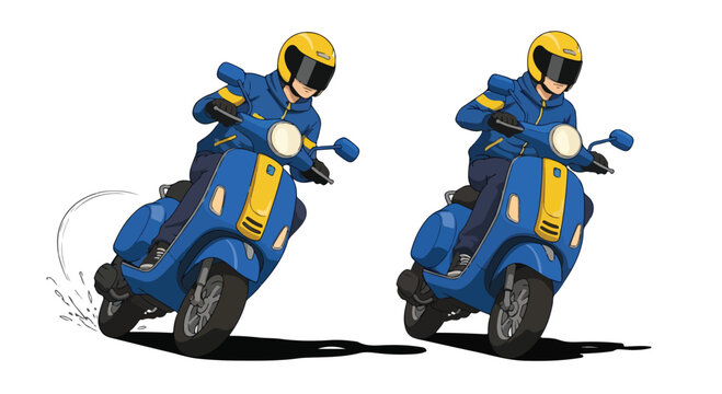 Blue delivery scooter courier riding fast, professional courier on motor scooter wearing yellow helmet, fast shipping service vector illustration
