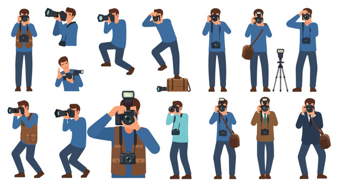 Professional photographer character set, male paparazzi with digital cameras and equipment, 15 vector illustrations of people taking photos