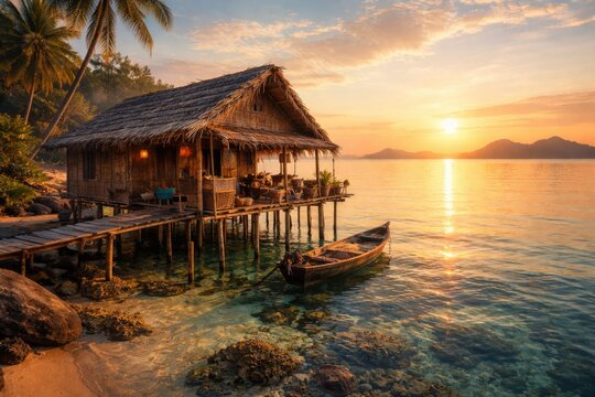 Tranquil seaside Bajau home basking in warm sunrise light
