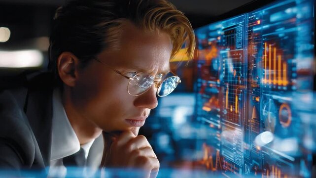 Analyzing Financial Data: A focused professional meticulously studies complex financial data displayed on a high-tech interface, engrossed in the pursuit of insights and strategic decision-making.