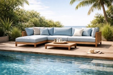 Fototapeta premium Outdoor lounge sofa with light blue cushions on wooden terrace by a clear swimming pool reflecting natural light plus copy space
